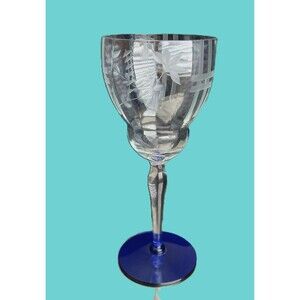 Weston Wine Glass • Etched Floral Crystal • Cobalt Blue Foot Stemware